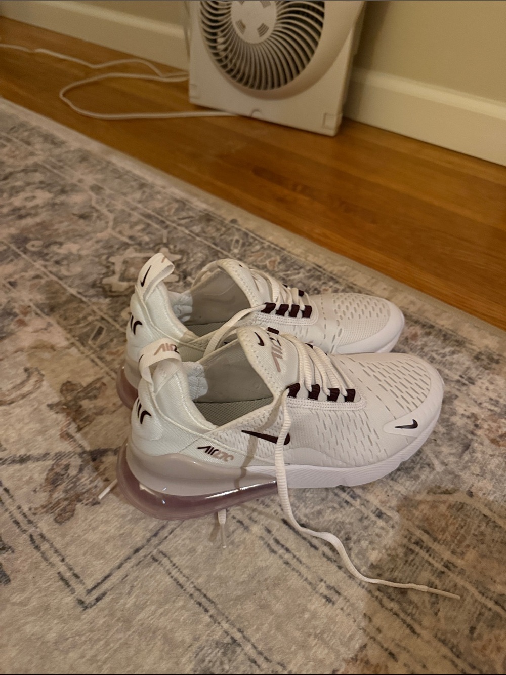 Nike kids 270 air maxes white with deep red and a pink air vault (no box)